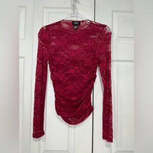 🍓 Just Polly Cranberry Pink Red Long Sleeve Lace Ruching - Small